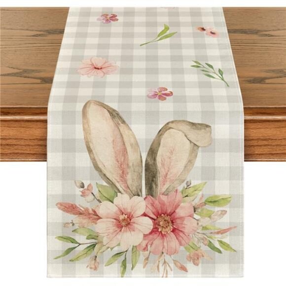 Buffalo Plaid Bunny Rabbit Ears Flower Easter Table Runner, Spring - Picture 2 of 5